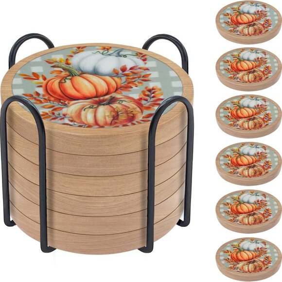Fall Coasters Set of 6, Pumpkins Coaster, Absorbent Coasters with Holder Hallowe - Picture 1 of 6